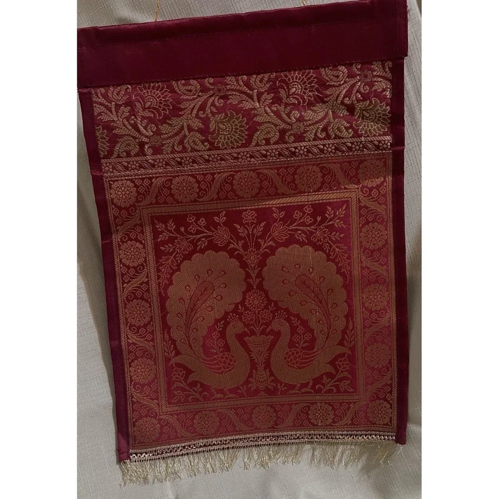 Handmade Red Silk Banarasi Brocade Wall Hanging & Mail Organizer-Peacock Design